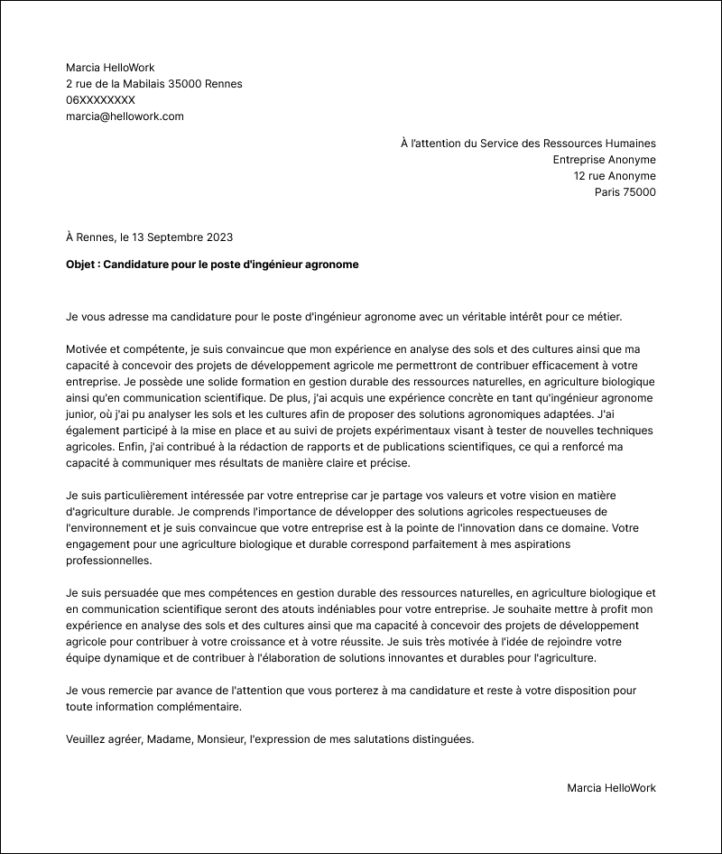 Exemple Lettre de Motivation Ingénieur agronome Hellowork