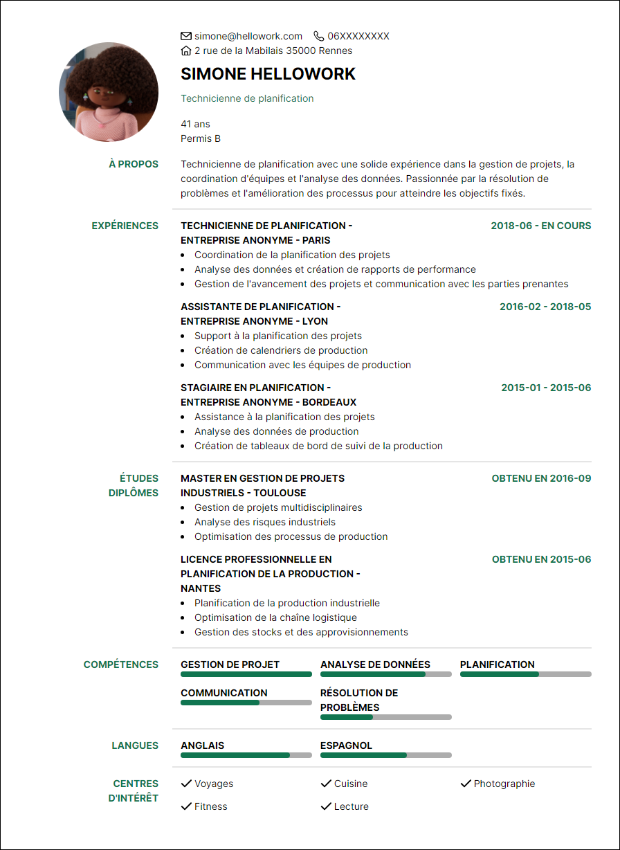 Exemple Cv Assistant Planification Hellowork