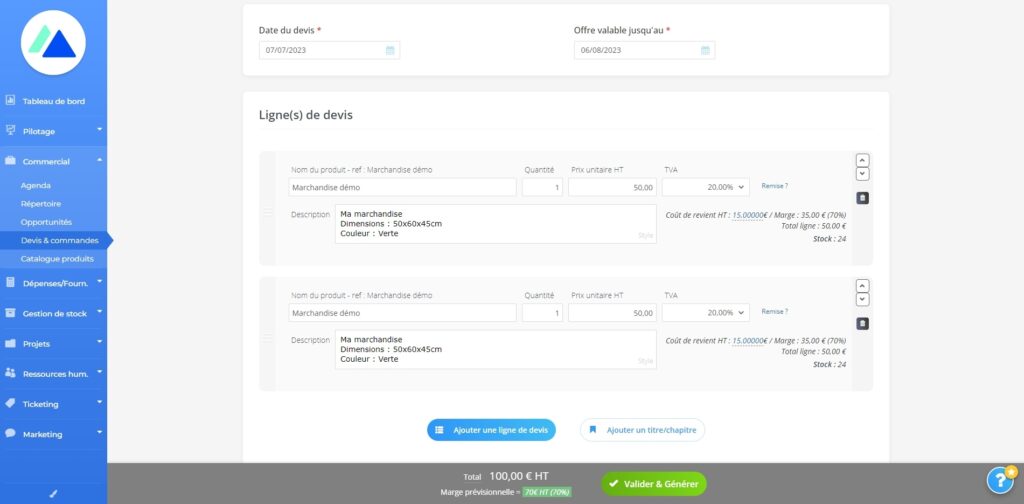 Vous pouvez ajouter autant de lignes que nécessaire à votre devis.