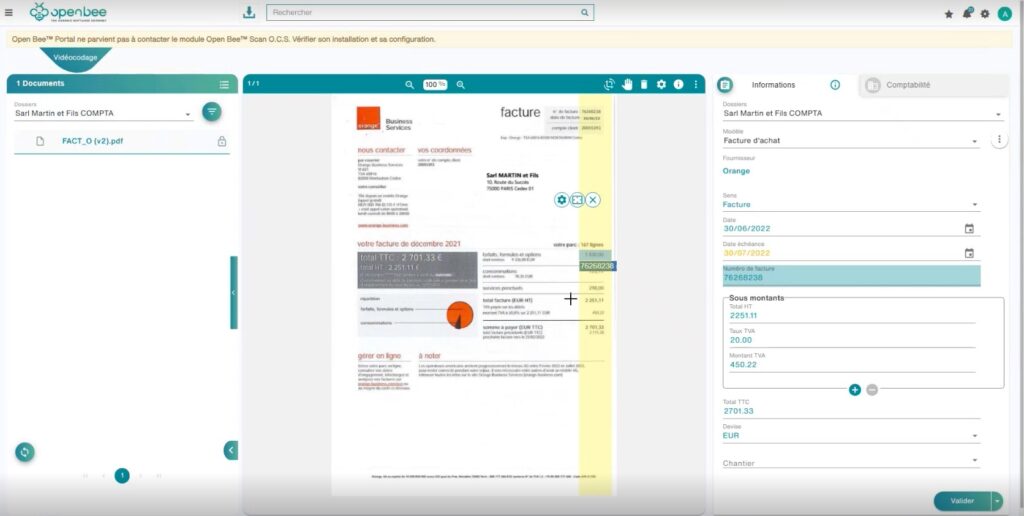 La nouvelle zone de capture définie sera réutilisée sur les futurs documents du même type (dans cet exemple : les factures Orange).