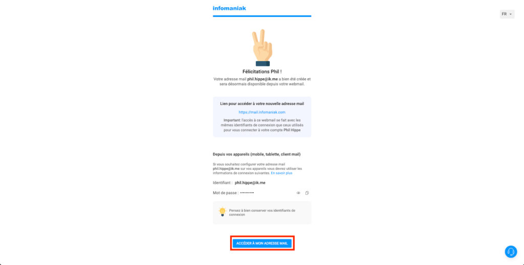 Confirmation de la creation de l'adresse mail.