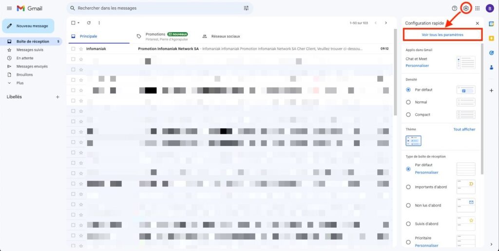 Accès aux paramètres Gmail.