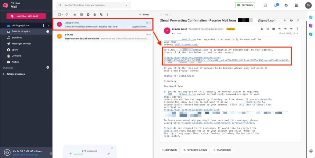 Confirmation du transfert d'email.
