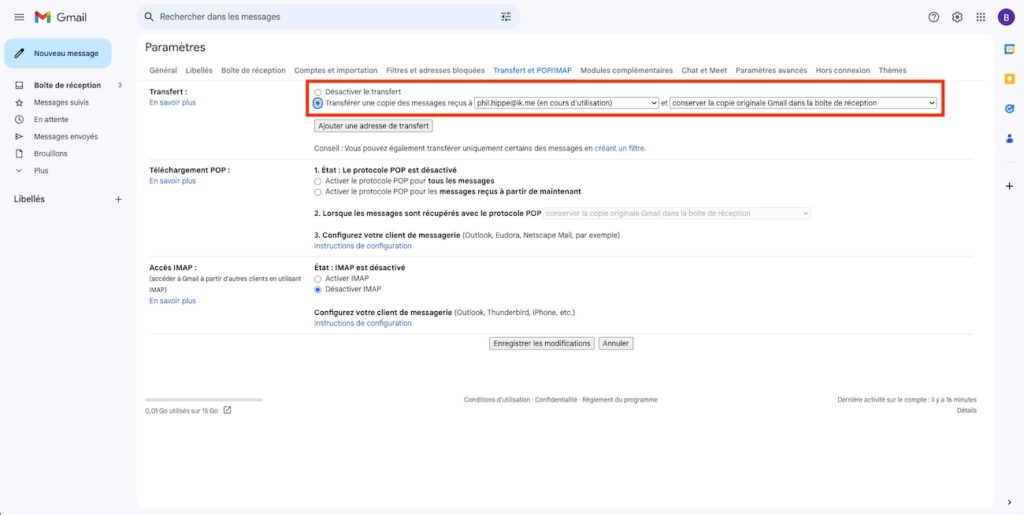 Confirmation du transfert sur Gmail.