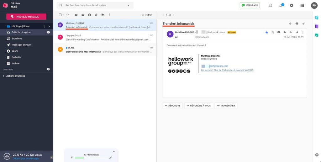 Le transfert d'email est actif.