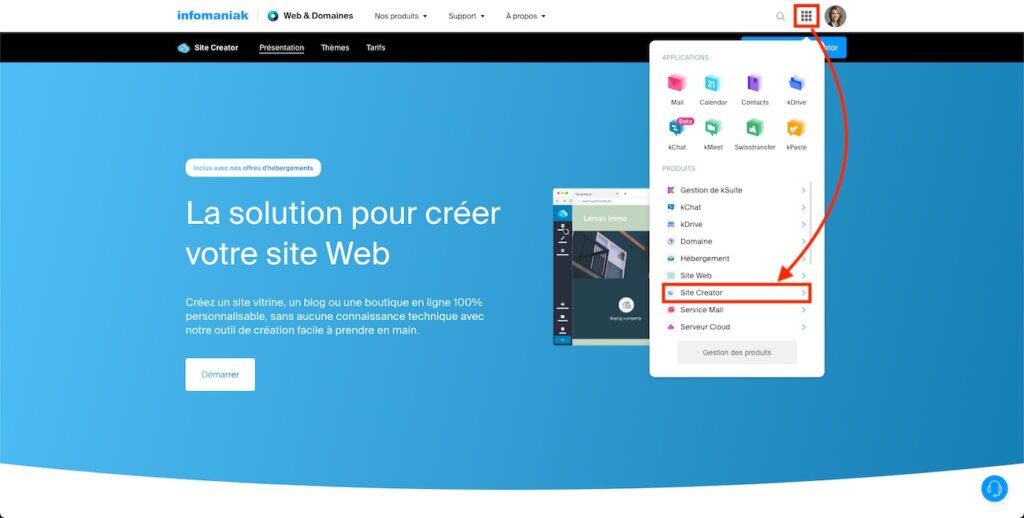 La page de présentation de Site Creator.