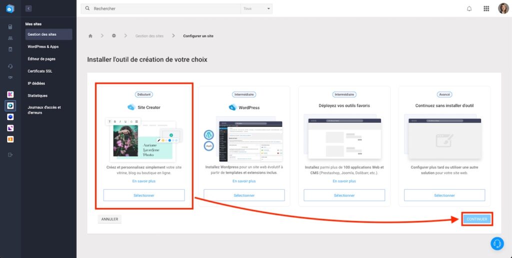 Configuration de l'outil de création du site.