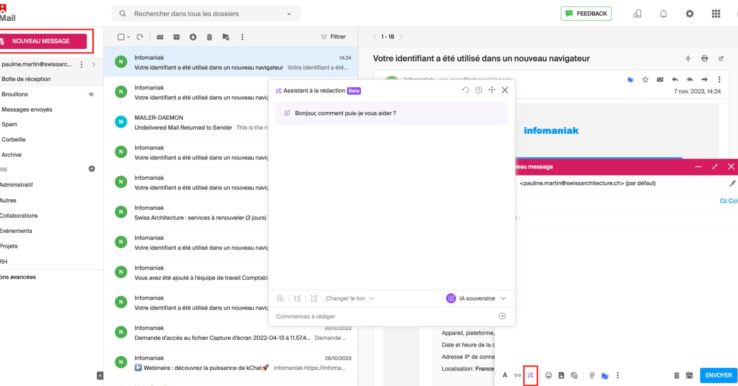 Écrire un email à l’aide de l’assistant IA avec Infomaniak Mail