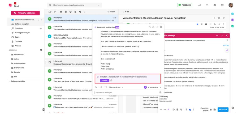 Intégration du texte rédigé dans le corps de l'email.