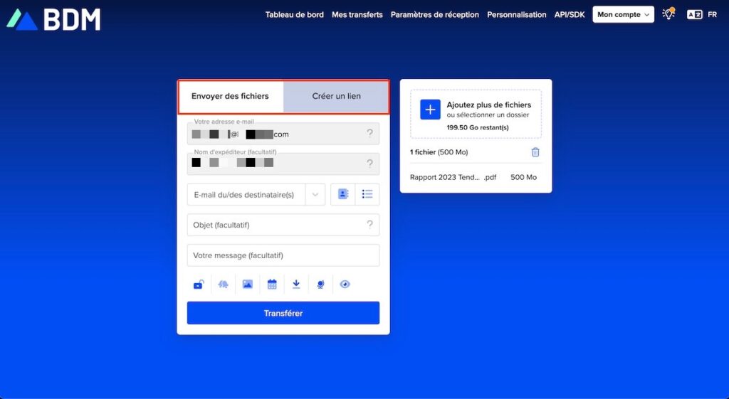 Il est possible d'opter pour l'envoi par email ou pour la création d'un lien de téléchargement.