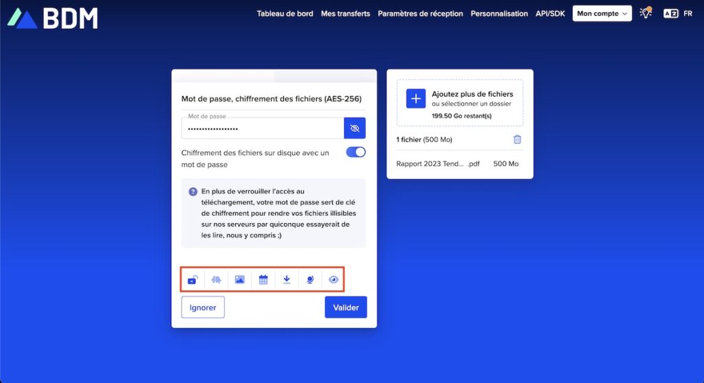 Sept réglages, de la protection par mot de passe au choix de la région de stockage, sont proposés.
