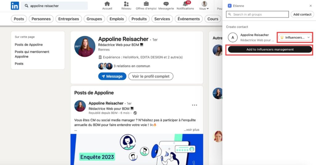 Le profil apparaît dans l'interface de l'extension dès la saisie de la recherche. 