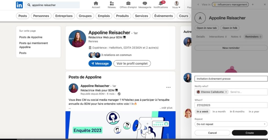 Il est possible, depuis l'extension, de planifier la prochaine activation du contact. 