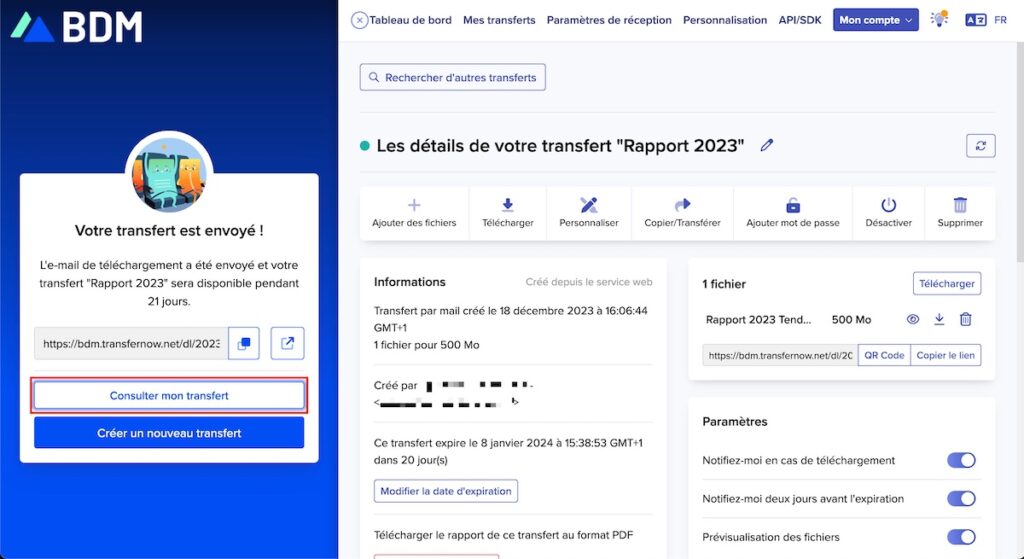 Un tableau de bord est proposé à l'issue du transfert.