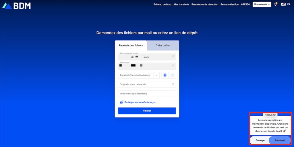 Deux espaces composent l'interface de TransferNow : un dédié aux envois, l'autre à la réception.