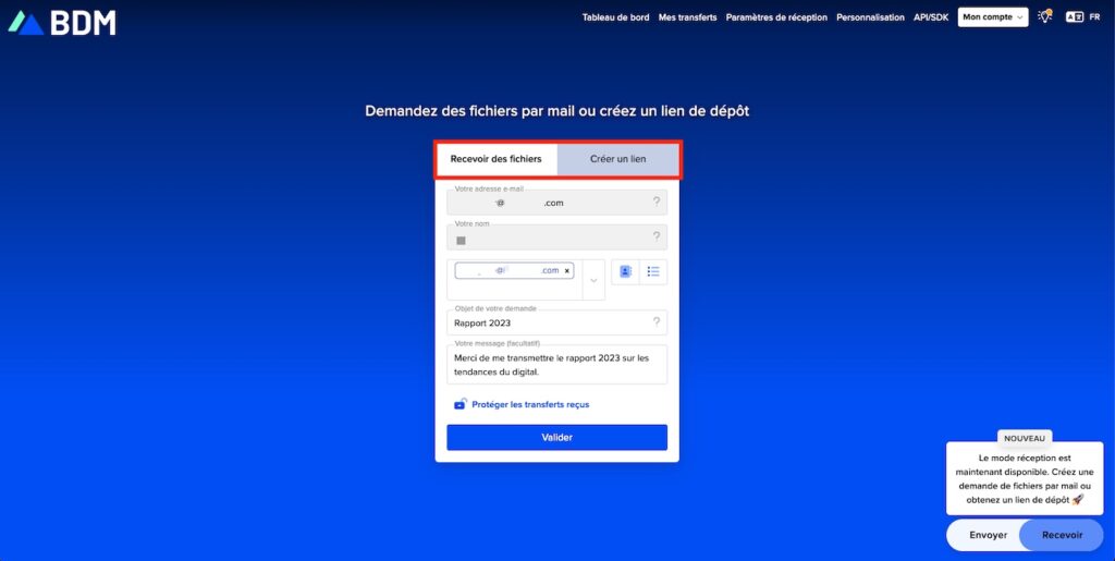 Choisissez entre la demande par email pour la création d'un lien de dépôt.