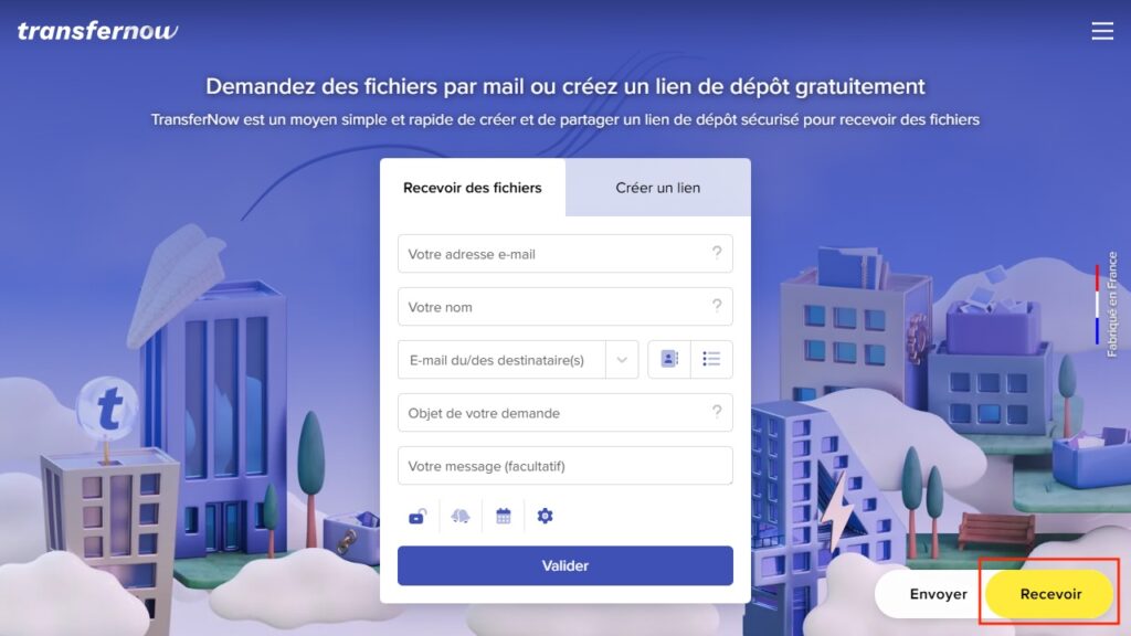 Deux espaces composent l'interface de TransferNow : un dédié aux envois, l'autre à la réception.