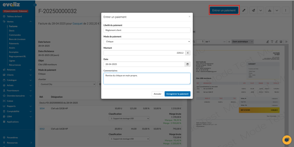 Lorsque l'ensemble de la facture est payée, son état passe de Enregistré à Payé.