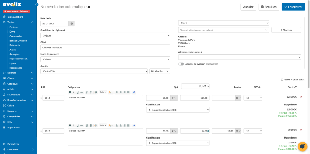 Vous pouvez également créer un devis depuis le tableau de bord, en cliquant sur la flèche à côté de Nouvelle Facture, puis Nouveau Devis.