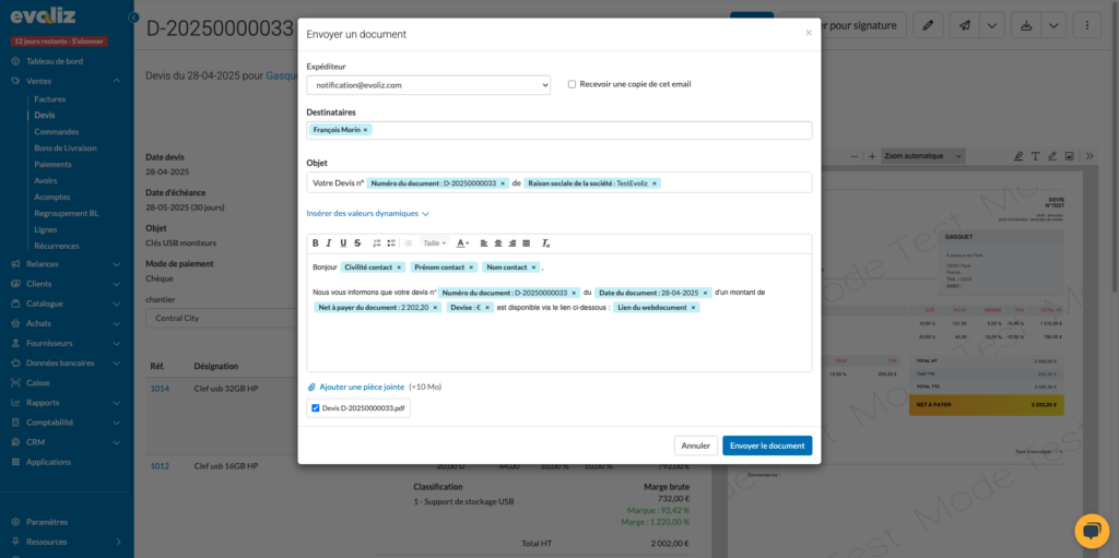 Il est possible d'envoyer votre devis, mais aussi de le télécharger sur votre ordinateur ou de l'imprimer.