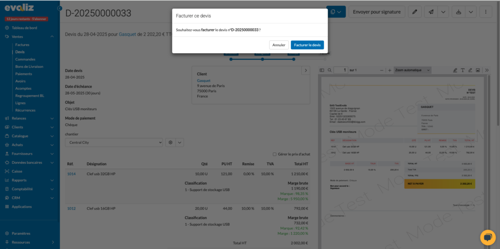 Toutes les informations contenues sur le devis sont retransmises sur la facture.