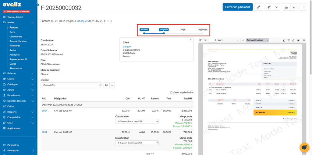 Lorsqu'une facture est enregistrée, il n'est plus possible de la modifier.