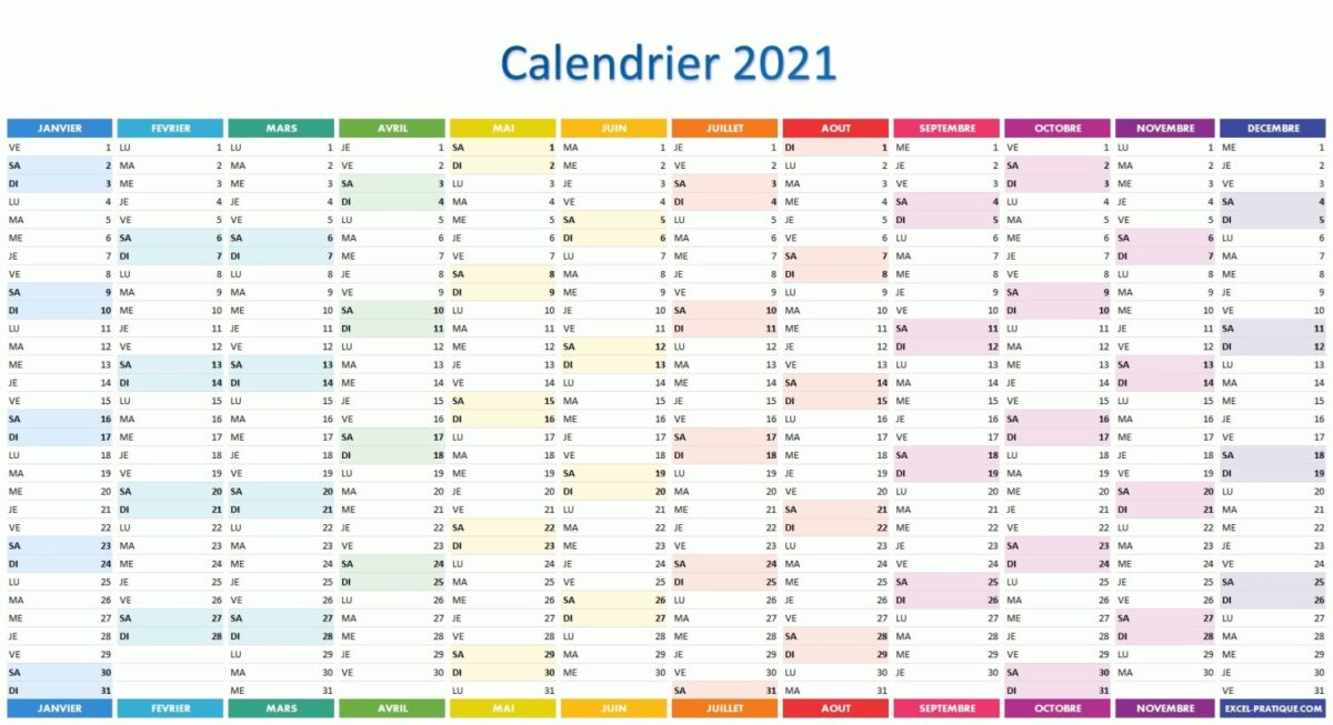 Télécharger Calendrier 2021 Excel Calendrier 2021 à imprimer : jours fériés, vacances, numéros de 