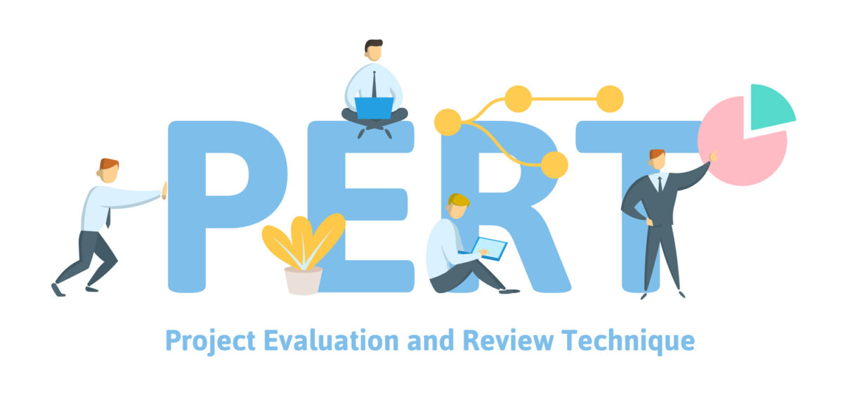 PERT, Project evaluation and review technique. Concept with keywords, letters and icons. Flat vector illustration on white background.