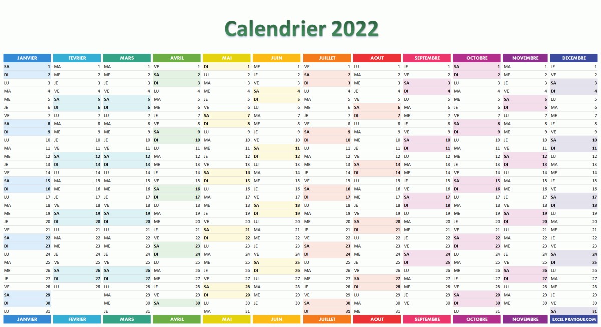 Calendrier 2022 à imprimer PDF et Excel