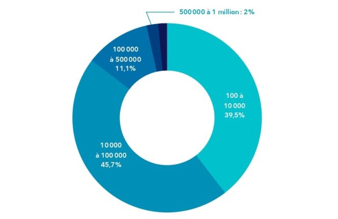 La distribución de las cuentas francesas de Instagram por número de suscriptores según Hubspot.