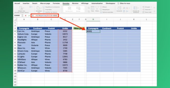 Excel – Fonction filtre – Exemple 1
