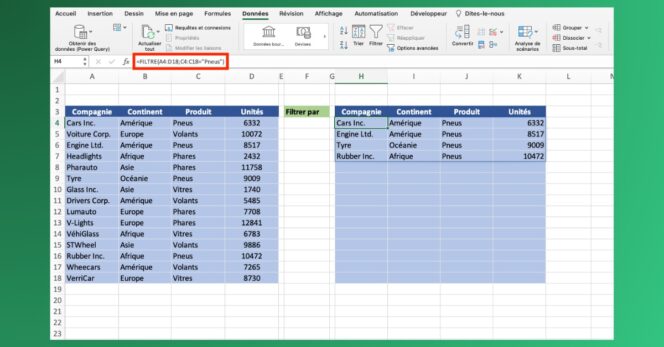 Excel – Fonction filtre – Exemple 2