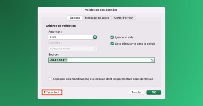Excel – liste déroulante – validation données