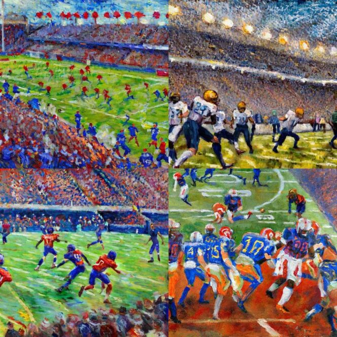 "an impressionist painting of a football game", par Stable Diffusion 2.1.