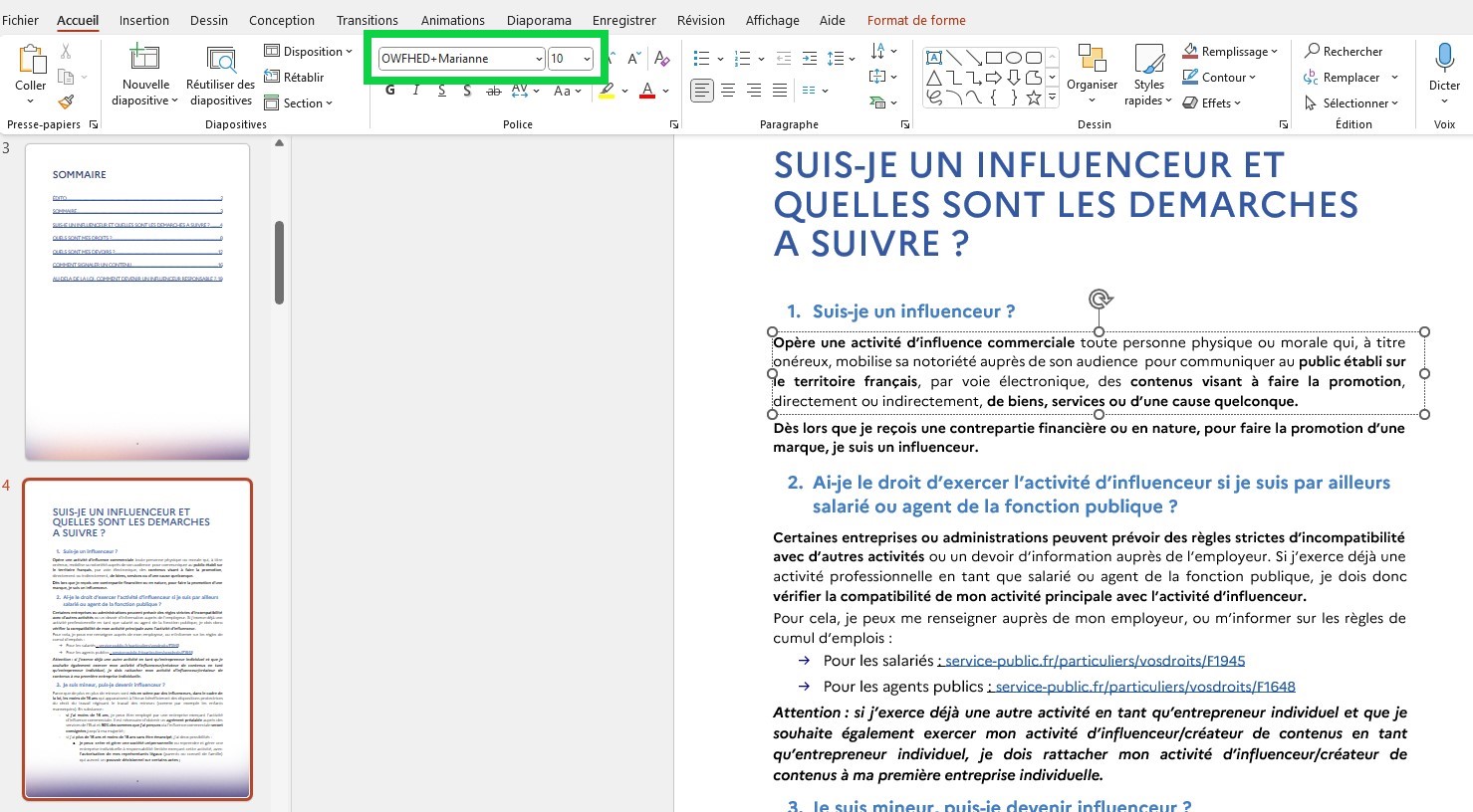 Droits et devois influenceurs – typographie Marianne