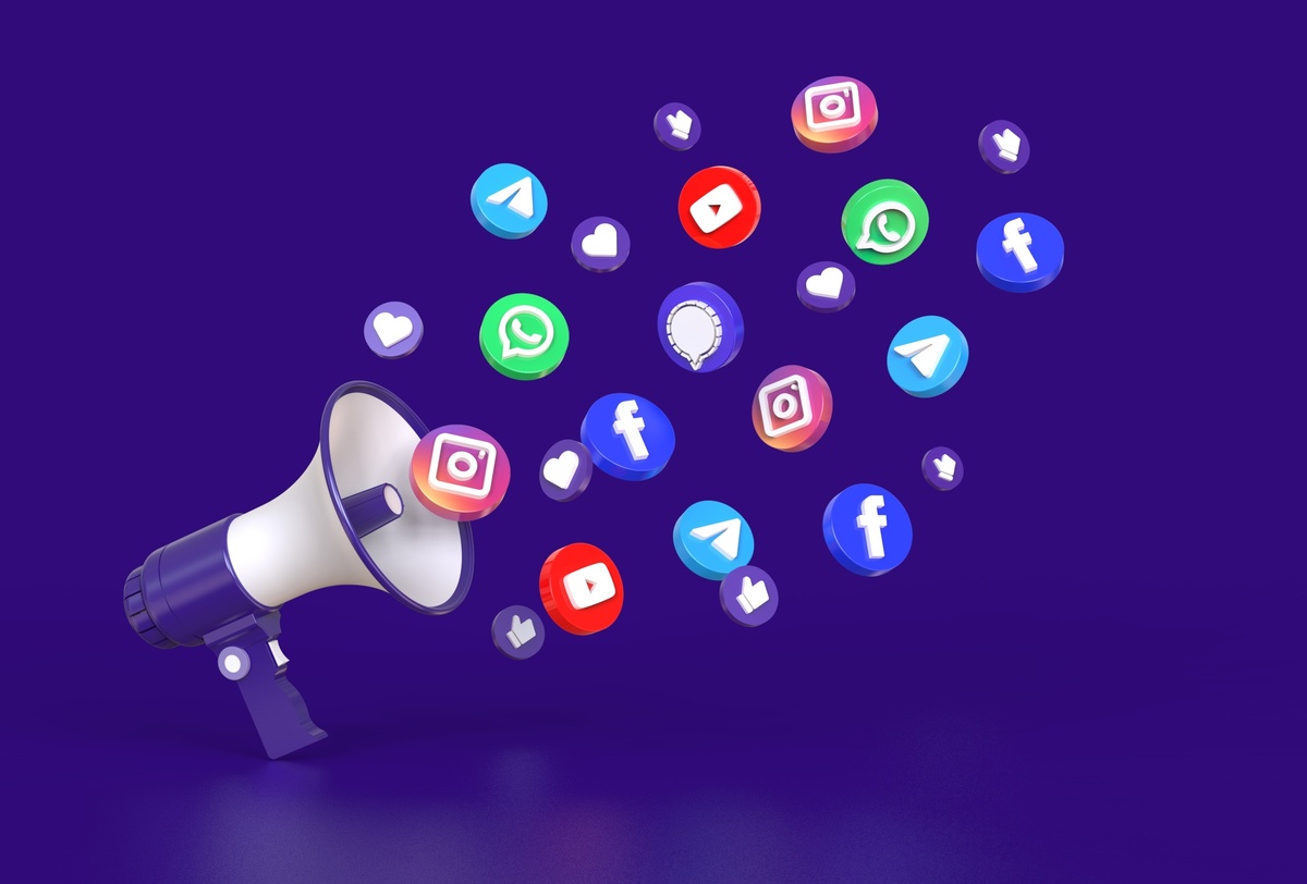 Megaphone with round button social media icons. Social media mar
