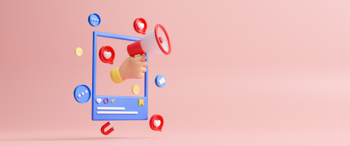 3d cartoon hand holding megaphone social media marketing, influencer marketing, network promotion. Blogger promotion services and goods for followers online. Business marketing concept. 3d rendering