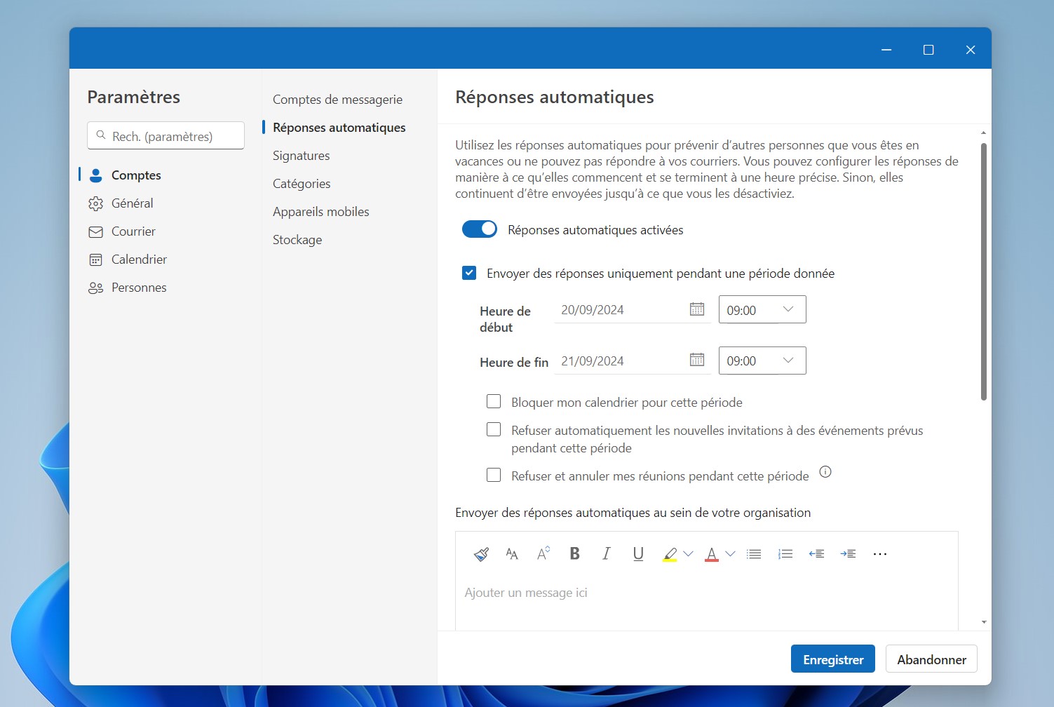 Reponse automatique nouvel Outlook