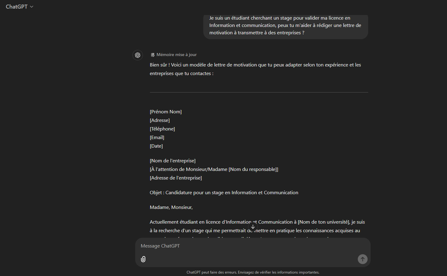 Lettre de motivation chatgpt