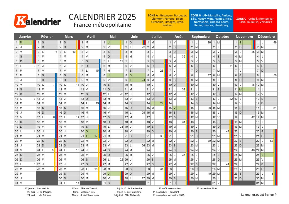 Calendrier 2025 à imprimer jours fériés, vacances, numéros de semaine