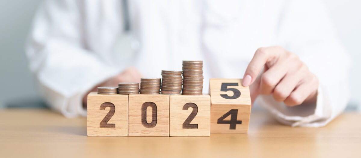 2024 end year to Happy New Year 2025 with Doctor and coins stack. Money stack Counting arrangement for deposit, Healthcare cost, Money Saving, Health Insurance, Medical, Donation and Financial concept