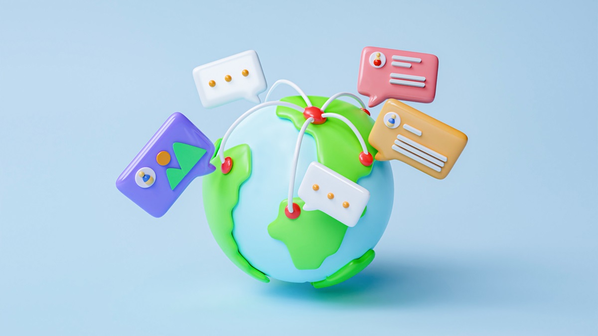 3d social media on earth with chat bubbles on purple background. online social, communication applications seo concept, 3d render illustration