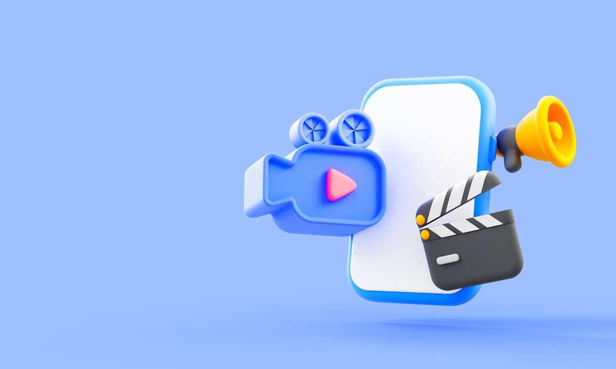 A 3D digital illustration of a video camera, clapperboard, and smartphone, representing filmmaking, media production, and content creation.