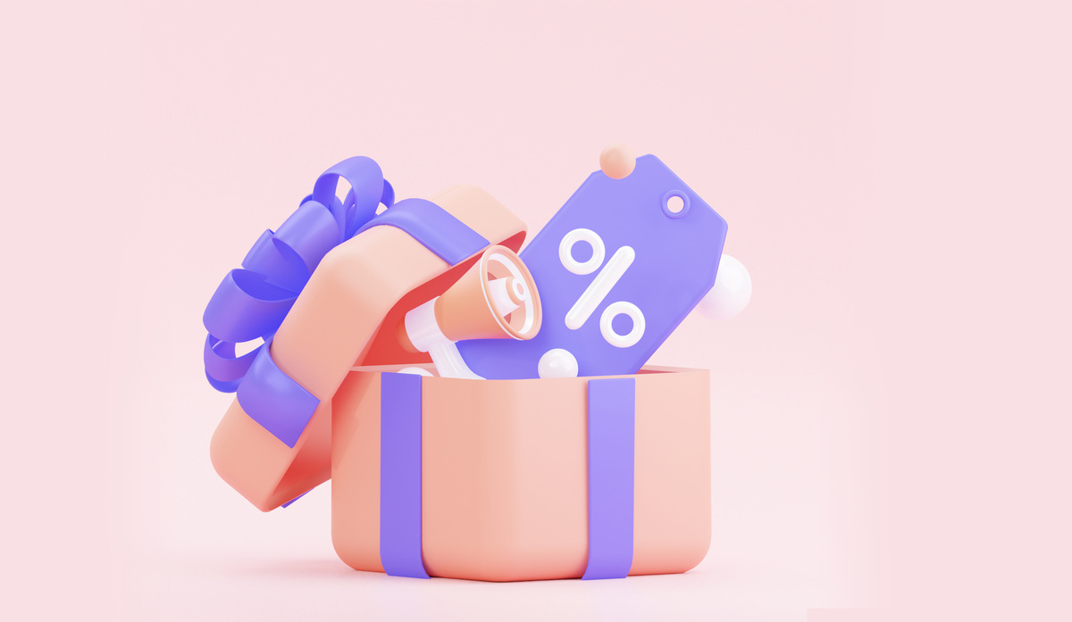 A label with a percentage sign with gift box. Creative concept of online bargain shopping. 3d rendering