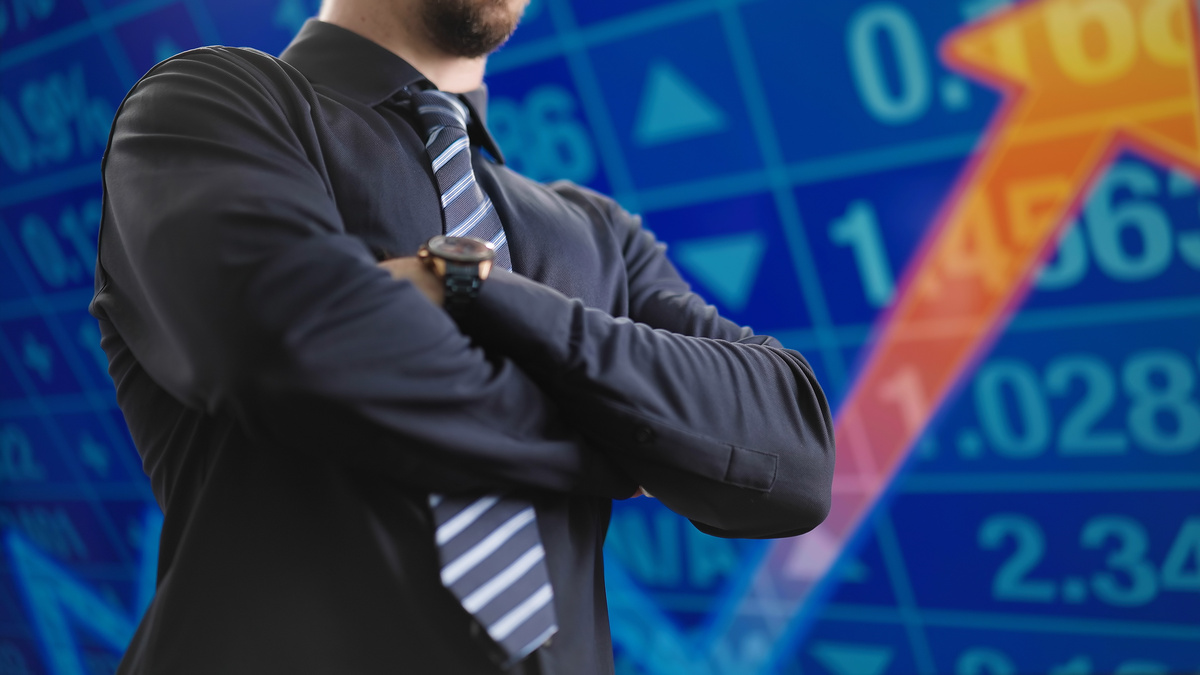 Headless Stonks man posing crossing arms in front of growth graph