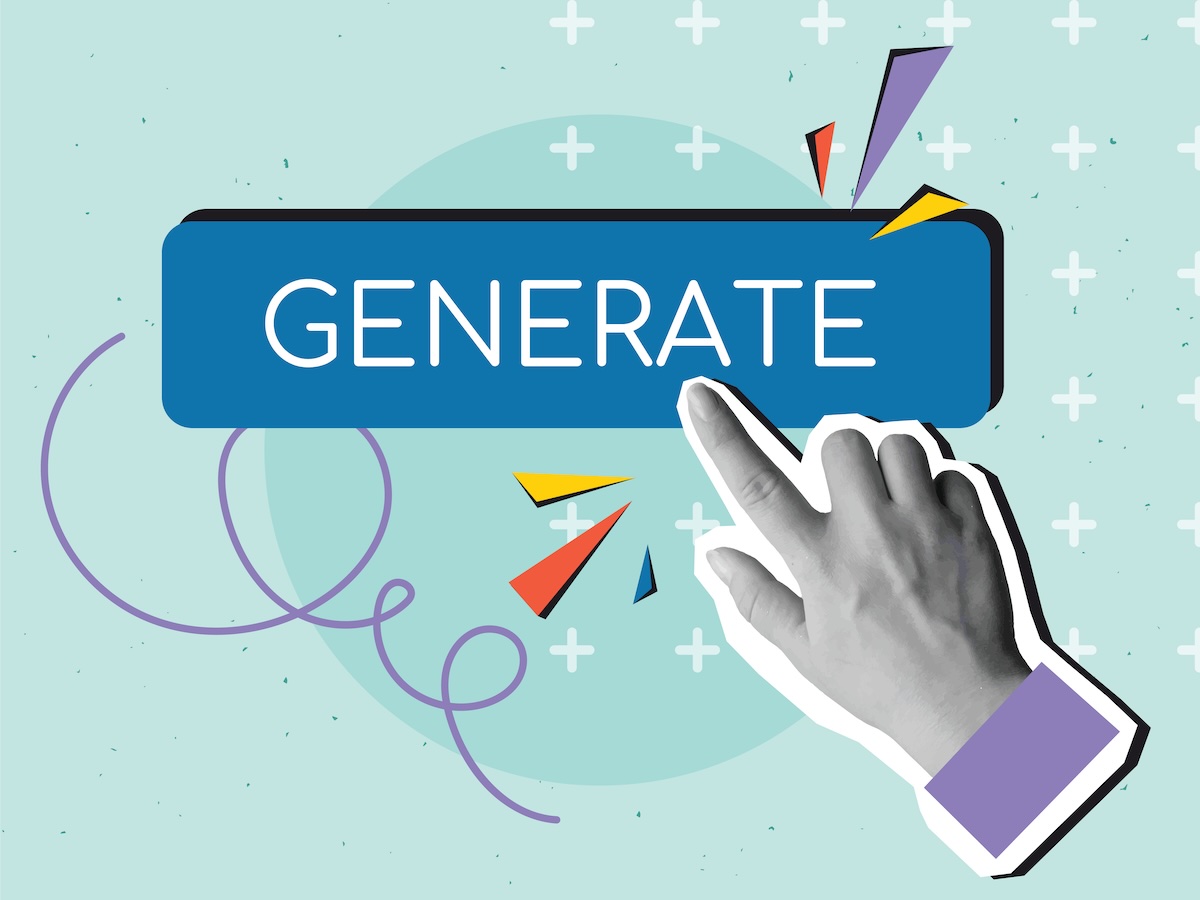Black and white hand push the button with a text Generate. Using of a artificial intelligence. Modern collage style. Vector illustration