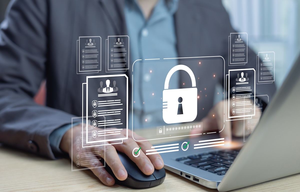 Businessmen verify document confidentiality systems with security software, protect themselves from cyber attacks, manage organizational documents and employee information, cybersecurity concepts.