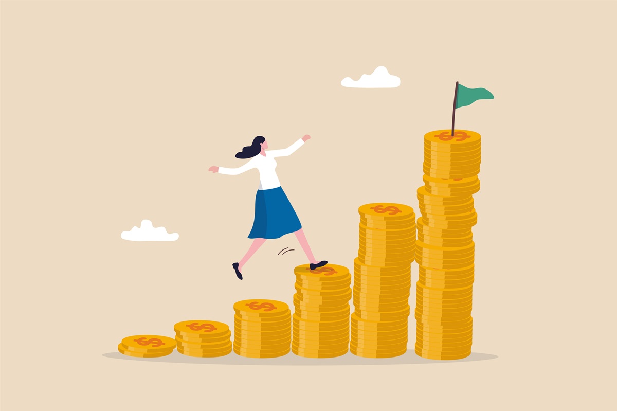 Woman investing, savings or investment for lady or female, growing wealth with compound interest, earning or profit concept, success woman investor step on money coins stack to reach financial goal.
