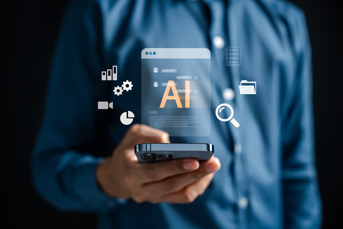 AI technology enhancing SEO strategy on mobile device with data analysis, content optimization