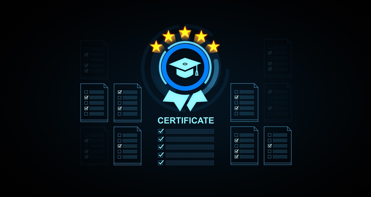 Digital certificate badge with graduation cap, checklist documents, and five stars on dark background representing achievement and education success. 3D Rendering